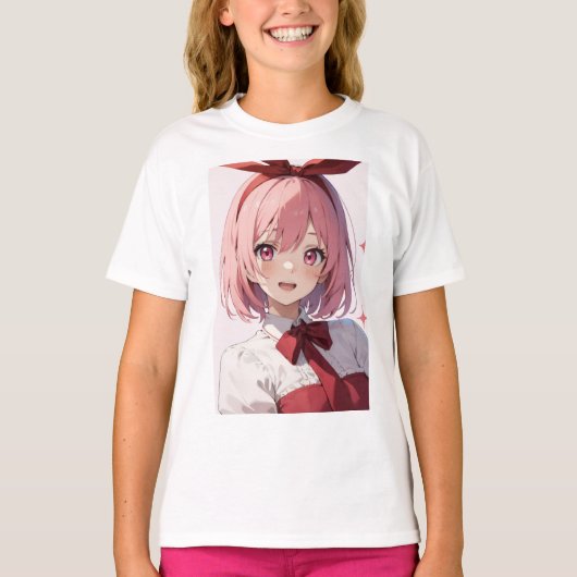 かわいいピンク髪のアニメ少女イラスト Tシャツ (正面)