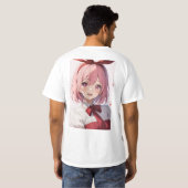 かわいいピンク髪の女子アニメイラスト Tシャツ (裏面フル)