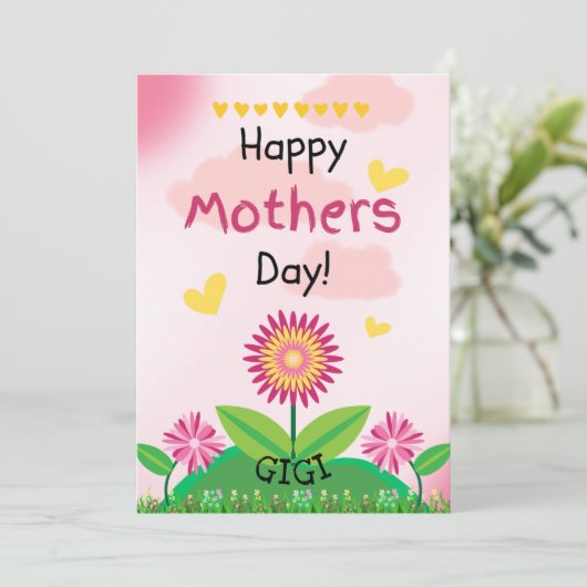 かわいいピンク黄色の花子供たち母の日GIGIフラット カード (スタンド正面)