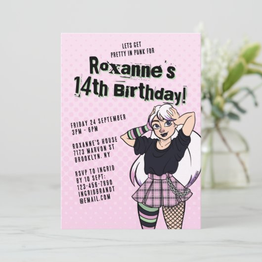 かわいいピンク10代のパンク漫画ガール14誕生日 招待状 (スタンド正面)