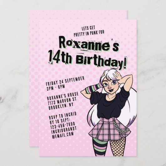 かわいいピンク10代のパンク漫画ガール14誕生日 招待状 (正面/裏面)