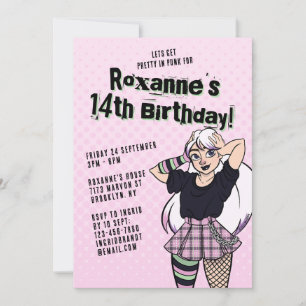 かわいいピンク10代のパンク漫画ガール14誕生日 招待状