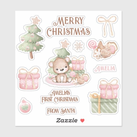 かわいいピンク1stクリスマスネームベアコンターキスカット シール (シート)