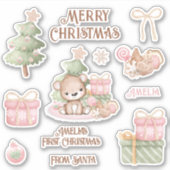 かわいいピンク1stクリスマスネームベアコンターキスカット シール (正面)