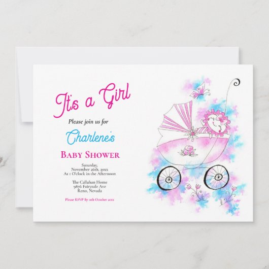 かわいいピンク&アクアウォーターカラーベビーガールでベビーカー 招待状 (正面)
