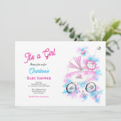 かわいいピンク&アクアウォーターカラーベビーガールでベビーカー 招待状 (スタンド正面)