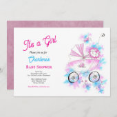 かわいいピンク&アクアウォーターカラーベビーガールでベビーカー 招待状 (正面/裏面)