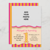 かわいいピンク/オレンジガールズファースト誕生日 招待状 (正面/裏面)