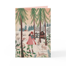 かわいいピンク&グリーンの女の子とウサギ雪の風景