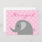 かわいいピンク&グレーの象の誕生の発表カード 案内ポストカード (正面/裏面)
