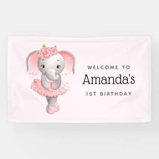 かわいいピンク&グレーエレファントバレリーナパーティーへようこそ 横断幕 (横)