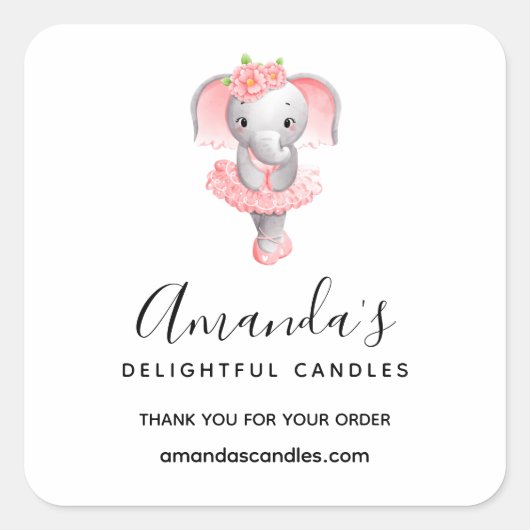かわいいピンク&グレーエレファントバレリーナビジネス スクエアシール (正面)