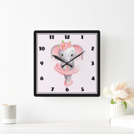 かわいいピンク&グレーエレファントバレリーナ スクエア壁時計 (ホーム)