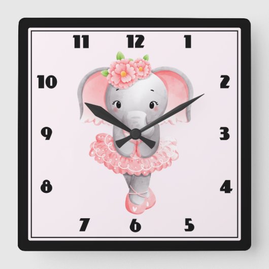 かわいいピンク&グレーエレファントバレリーナ スクエア壁時計 (正面)