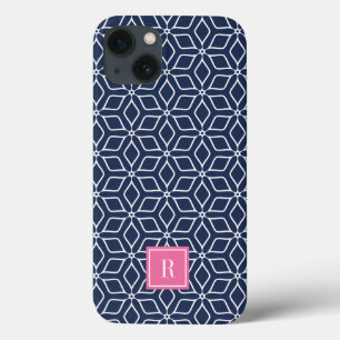 かわいいピンク&ネイビー幾何学模様モノグラム iPhone 13ケース