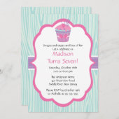 かわいいピンク&パープルカップケーキガールバースデーパーティー 招待状 (正面/裏面)