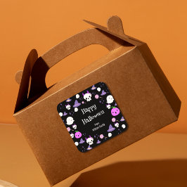 かわいいピンク&パープル幽霊ハッピーハローウィン スクエアシール