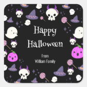かわいいピンク&パープル幽霊ハッピーハローウィン スクエアシール (正面)