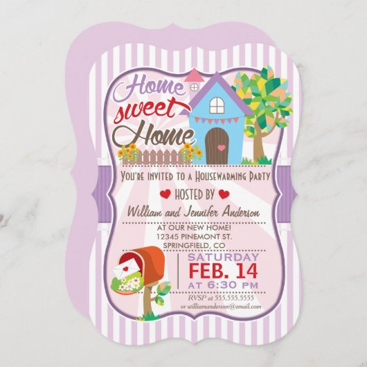 かわいいピンク&パープル、ハート引っ越し祝いパーティーパーティー 招待状 (正面/裏面)