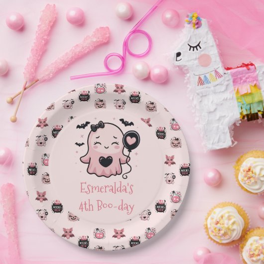 かわいいピンク&ブラックハロウィーン幽霊誕生日パーティー ペーパープレート (パーティー)