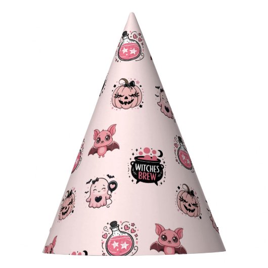 かわいいピンク&ブラック幽霊ハロウィーン パーティーハット (正面)