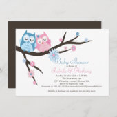 かわいいピンク&ブルーのラブフクロウ夫婦ベビーシャワー 招待状 (正面/裏面)