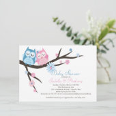 かわいいピンク&ブルーのラブフクロウ夫婦ベビーシャワー 招待状 (スタンド正面)