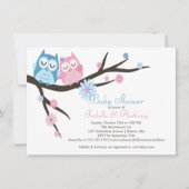 かわいいピンク&ブルーのラブフクロウ夫婦ベビーシャワー 招待状 (正面)