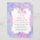 かわいいピンク・ユニコーン・ガールの誕生日パーティー 招待状 (正面/裏面)