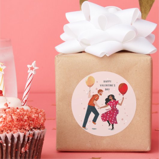 かわいいピンク&レッド踊りの人々のバレンタインカード ラウンドシール (パーティー)