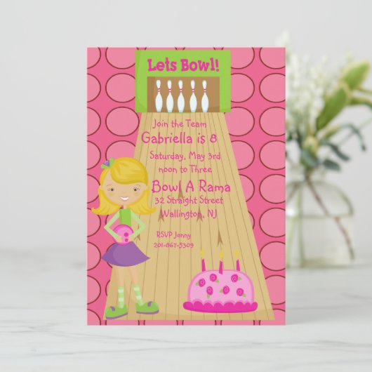 、かわいいピンク、女の子のボーリングのパーティの招待状 招待状 (スタンド正面)