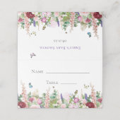 かわいいピンク&紫の花と蝶 プレイスカード (外部開封)