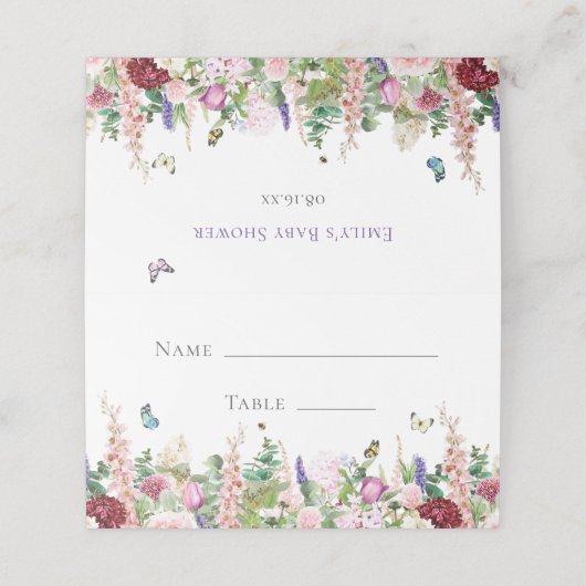 かわいいピンク&紫の花と蝶 プレイスカード (外部開封)