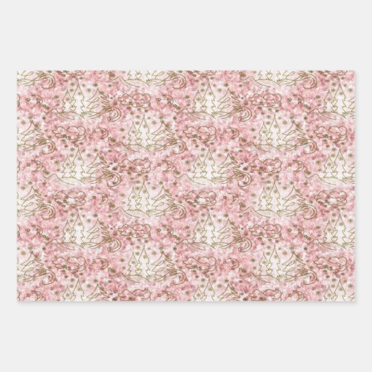 かわいいピンク/金ゴールドクリスマスパターン ラッピングペーパーシート (正面)