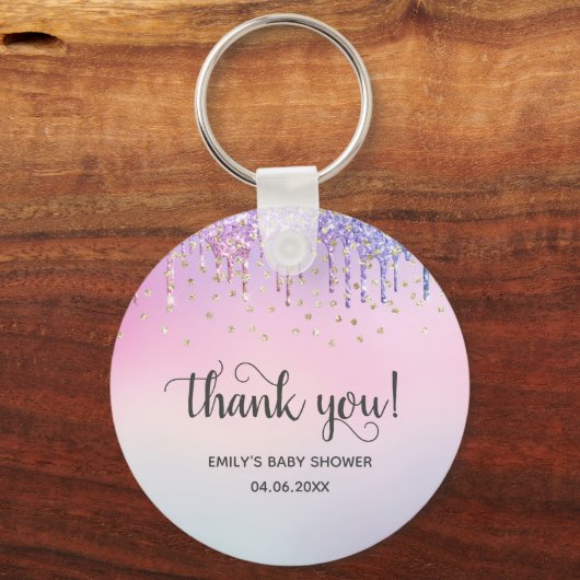 かわいいピンク&金ゴールドレインボーグリッタードリップベビーシャワー キーホルダー (正面)