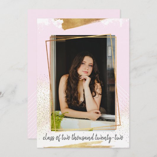 かわいいピンク&金ゴールド額卒業招待状 招待状 (正面/裏面)
