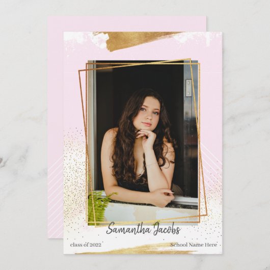 かわいいピンク&金ゴールド額卒業発表 招待状 (正面/裏面)