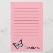 かわいいピンク、黒の文字と蝶 便箋 (正面)
