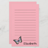 かわいいピンク、黒の文字と蝶 便箋 (正面/裏面)