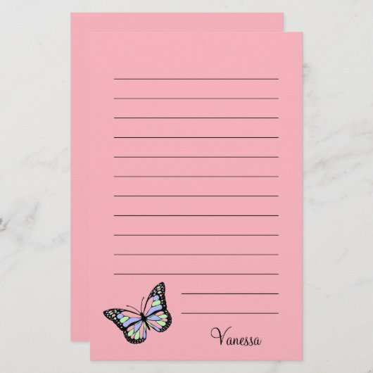 かわいいピンク、黒の脚本と蝶 便箋 (正面/裏面)