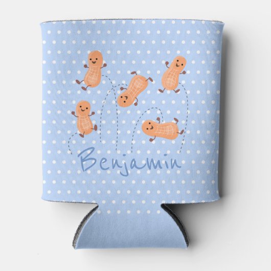 かわいいピーナッツ漫画イラストレーションブルー水玉模様 缶クーラー (正面)