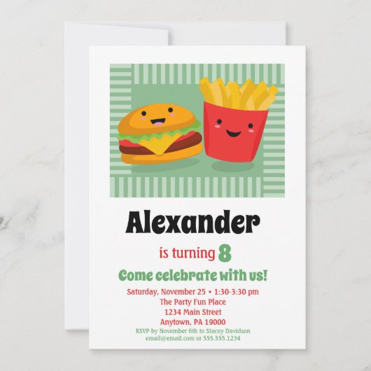 かわいいファストフードハンバーガーフライ誕生日招待状 招待状 (正面)