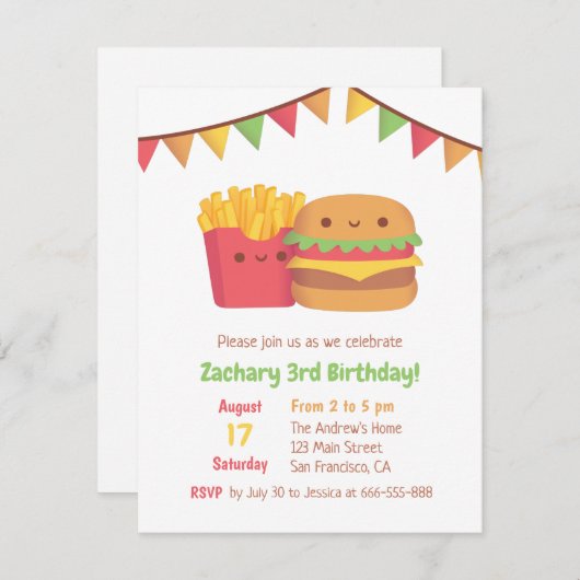 かわいいファストフードフライ&バーガー誕生日パーティー 招待状 (正面/裏面)
