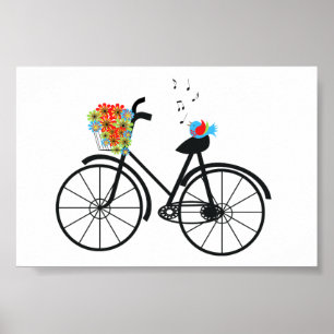 かわいいファッションド古い自転車の花と鳥 ポスター