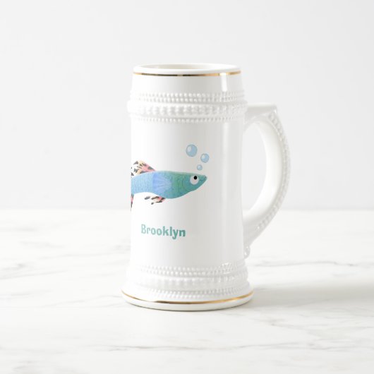 かわいいファンシーグッピーの熱帯魚の漫画 ビールジョッキ (正面右)
