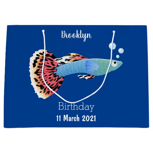 かわいいファンシーグッピーの熱帯魚の漫画 ラージペーパーバッグ (正面)