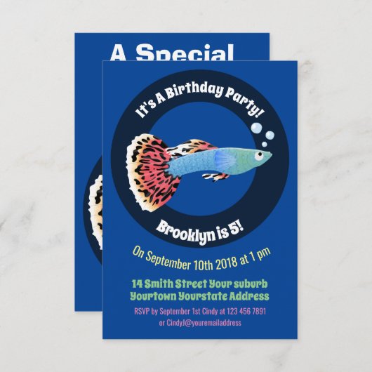 かわいいファンシーグッピーの熱帯魚の漫画 招待状 (正面/裏面)