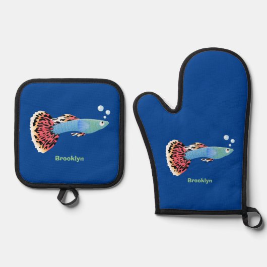 かわいいファンシーグッピーの熱帯魚の漫画 鍋つかみ&鍋敷きセット (正面)