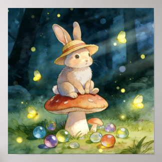 かわいいファンタジーなうさぎとキノコの魔法の森 ポスター