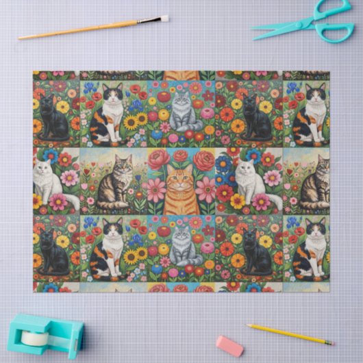 かわいいファンタジーな猫とフォークアートの花 薄葉紙 (クラフト)